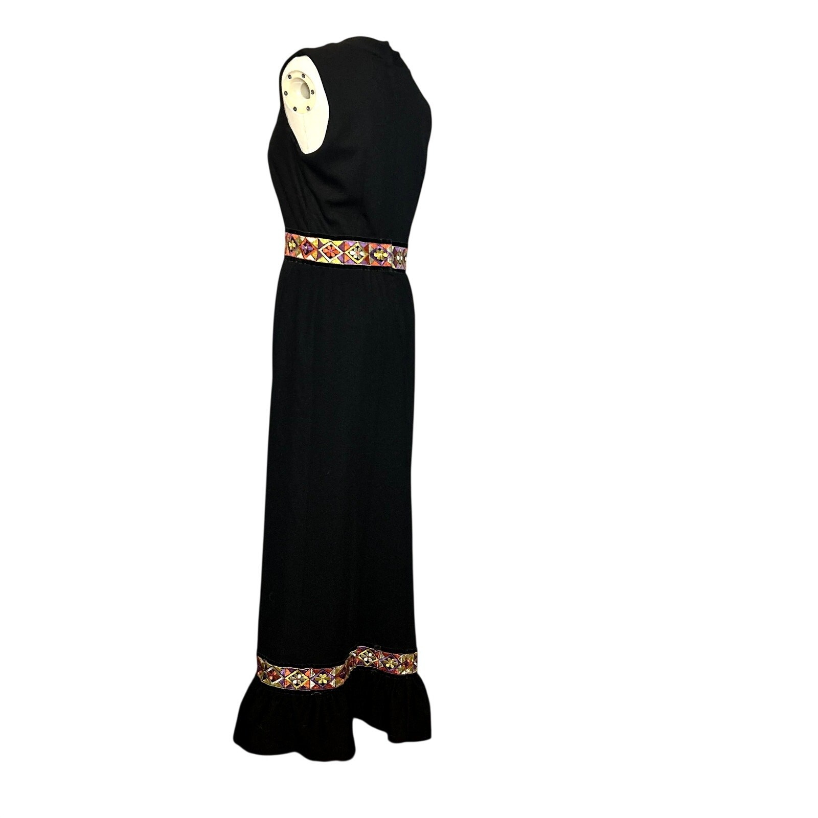 VTG 70s Black Folk Maxi Dress Embroidered Velvet Trim Ruffle Boho Hostess Small