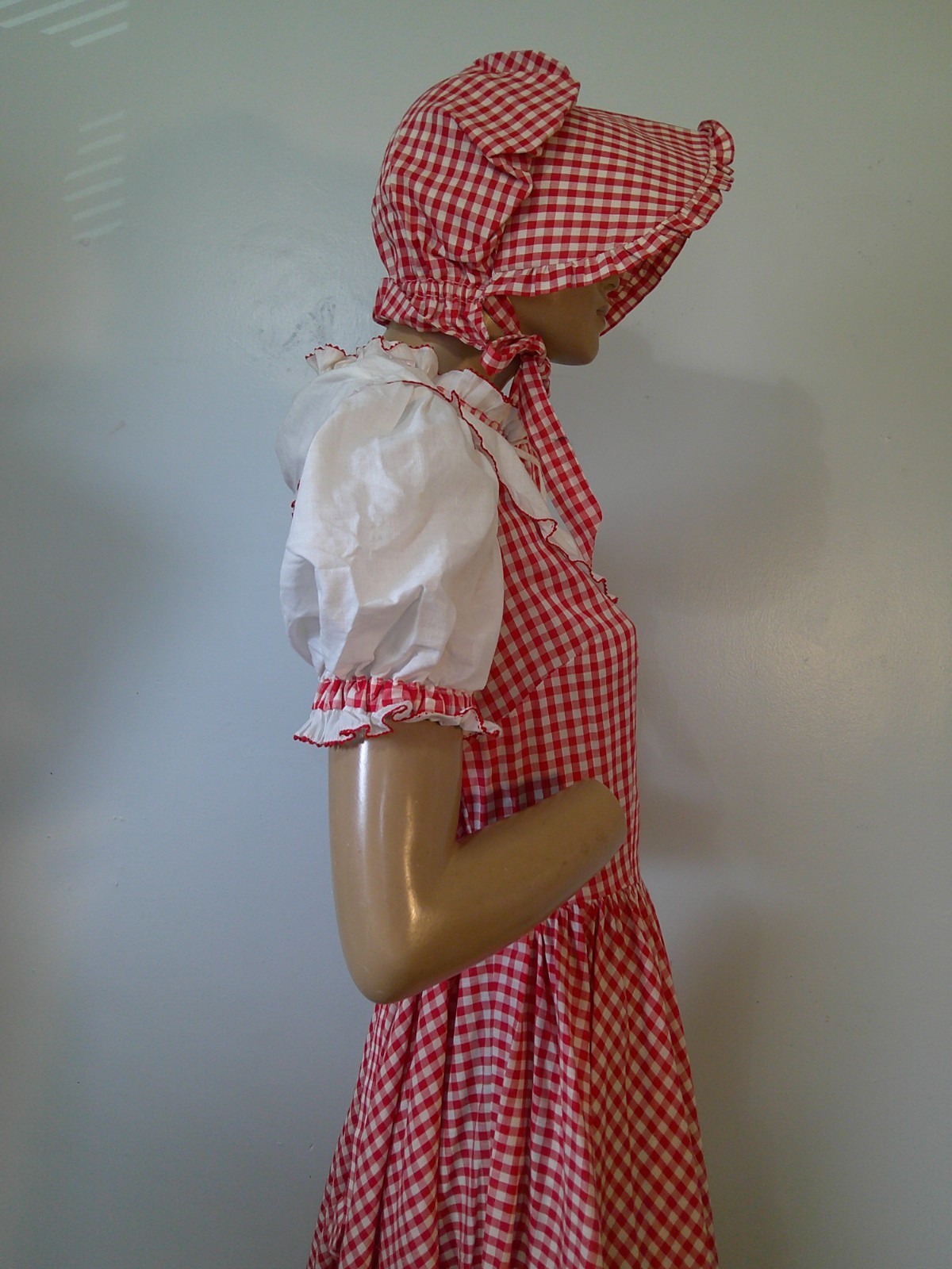 Vtg 70s Red/White Gingham Prairie Cottagecore 160″ Full Sweep Maxi Dress & Hat M