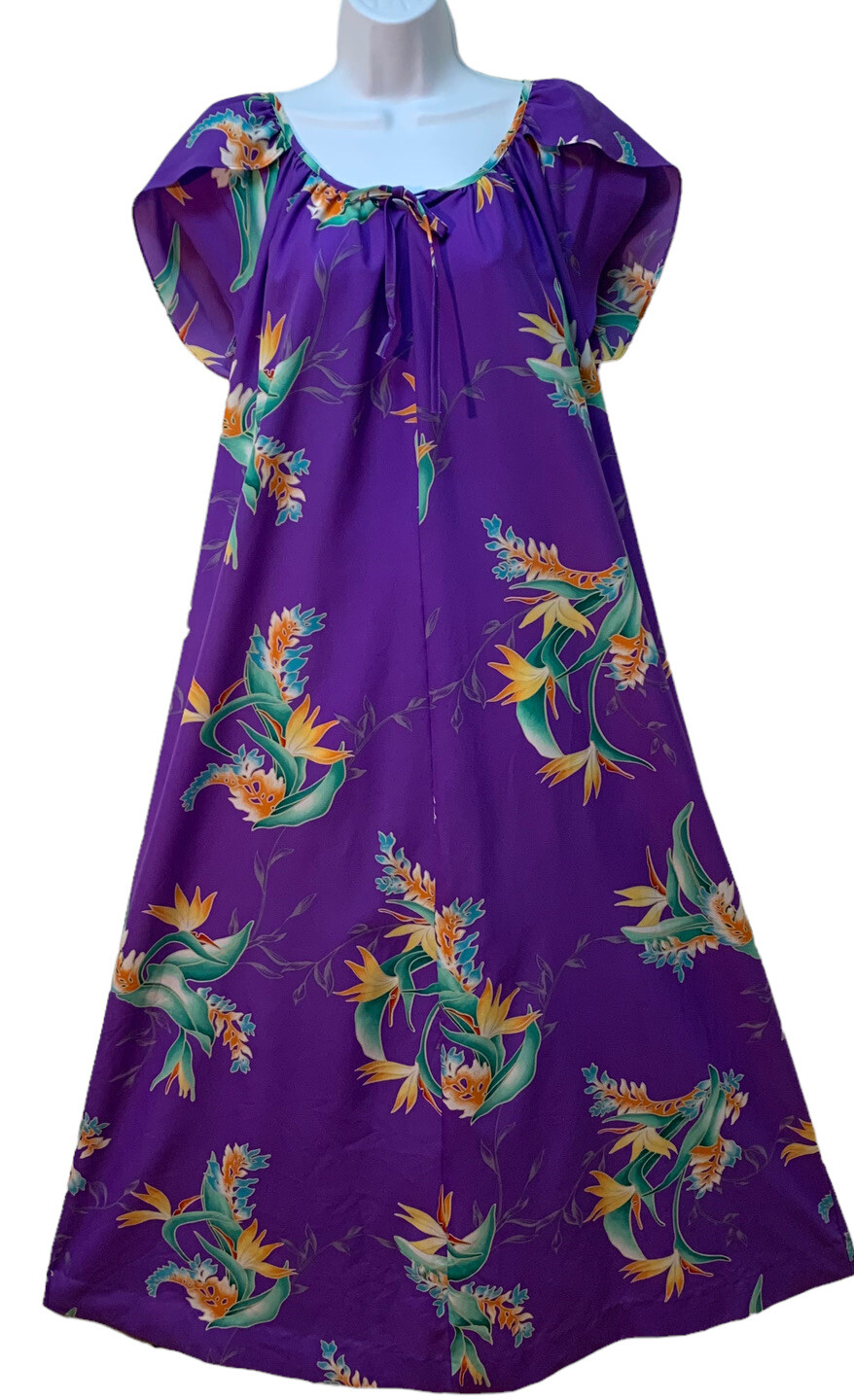 Vintage HILO HATTIE Purple Floral Bird of Paradise Hawaiian Muumuu Dress Women L