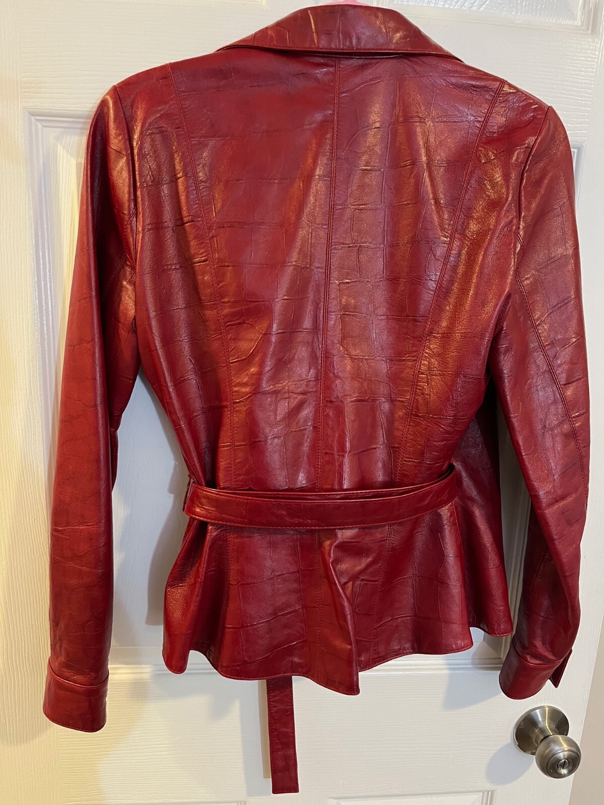 Noviello Bloom Vintage Red Leather Jacket Croc-Embossed Wrap Belt Size 4 Women’s
