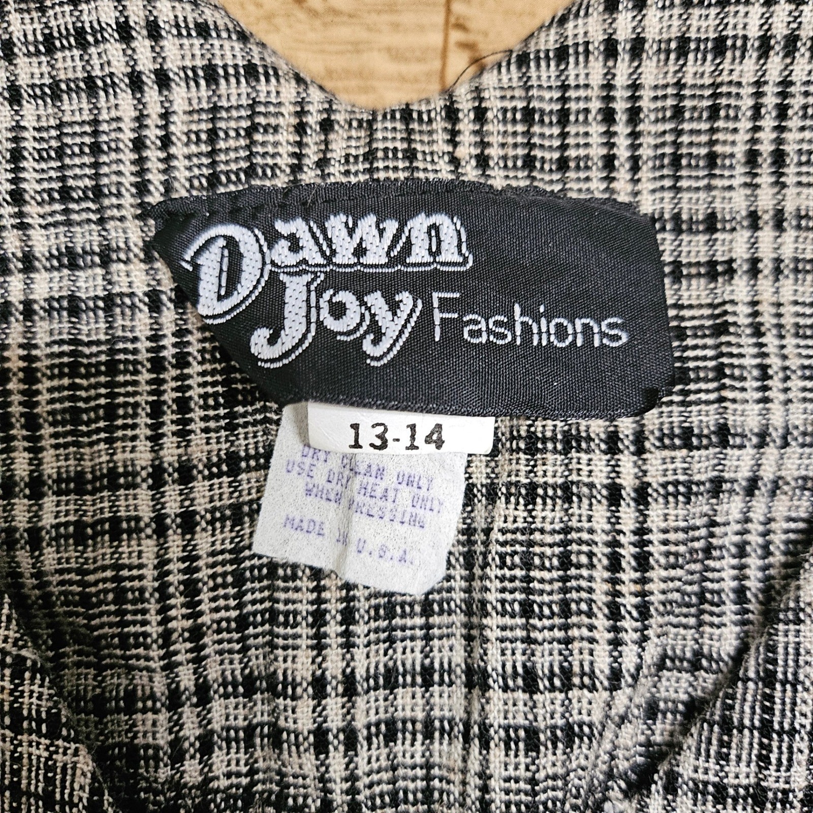 Vintage 80s Black Gray Plaid Button Front Tie-Back Dress Size 14 Preppy Academia