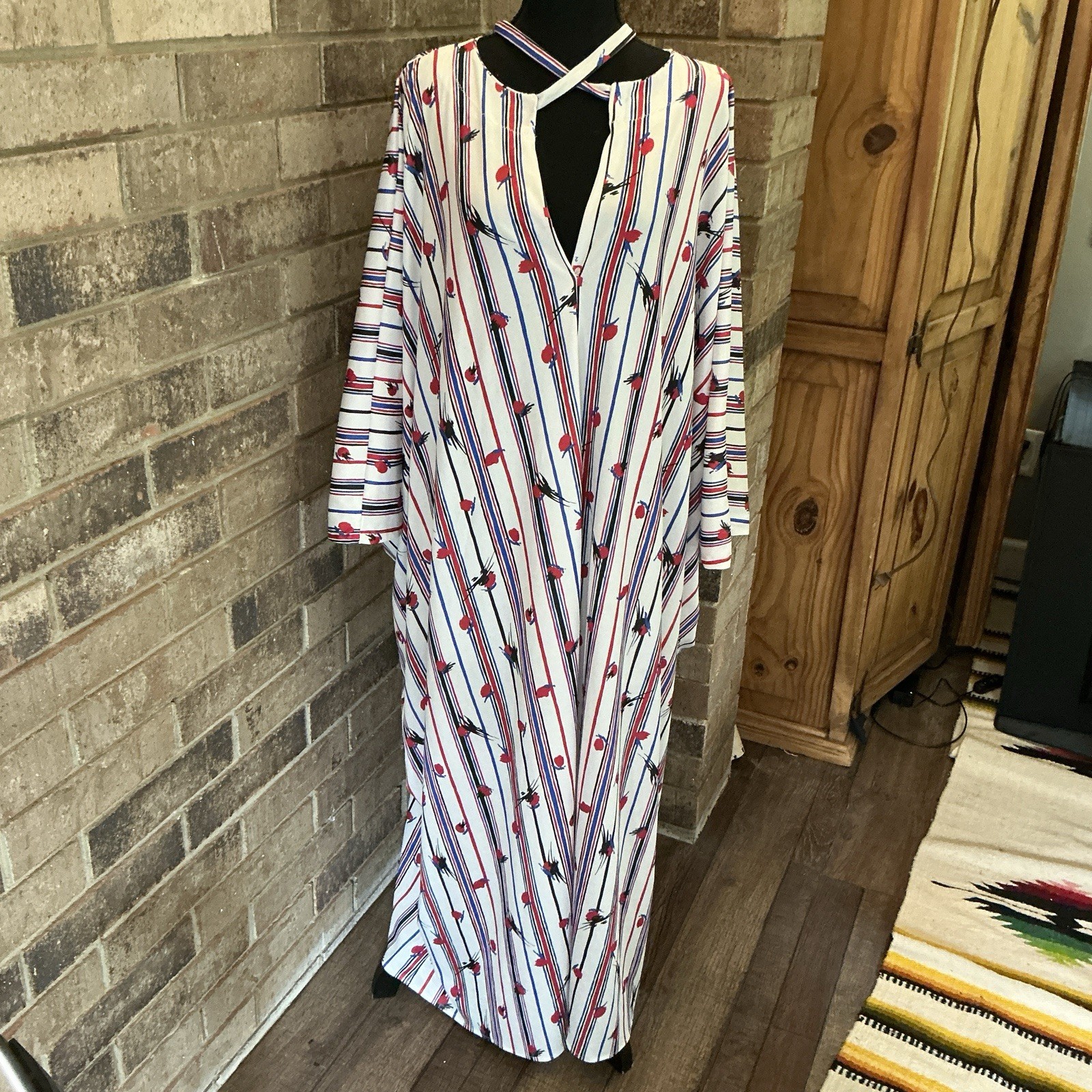 70s VTG White Striped Tulip Print Caftan Maxi Dress Batwing One Size Plus #8E2