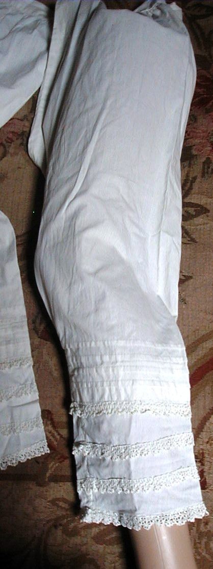 Antique Victorian White Cotton Pantaloons Lace on Calf Bloomers Open Crotch Long