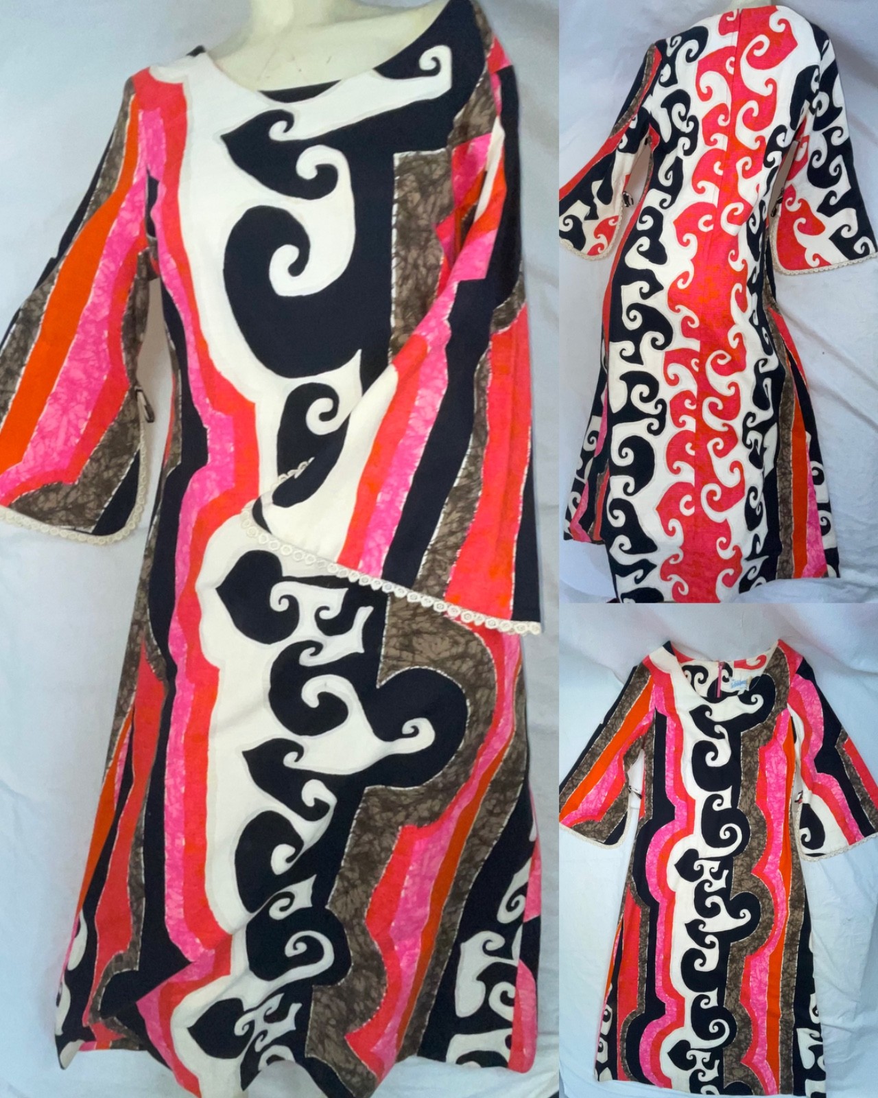 VTG 70S WOMEN CRAZY ABSTRACT PRINT BARKCLOTH HAWAIIAN CAFTAN DISCO HIPPY DRESS
