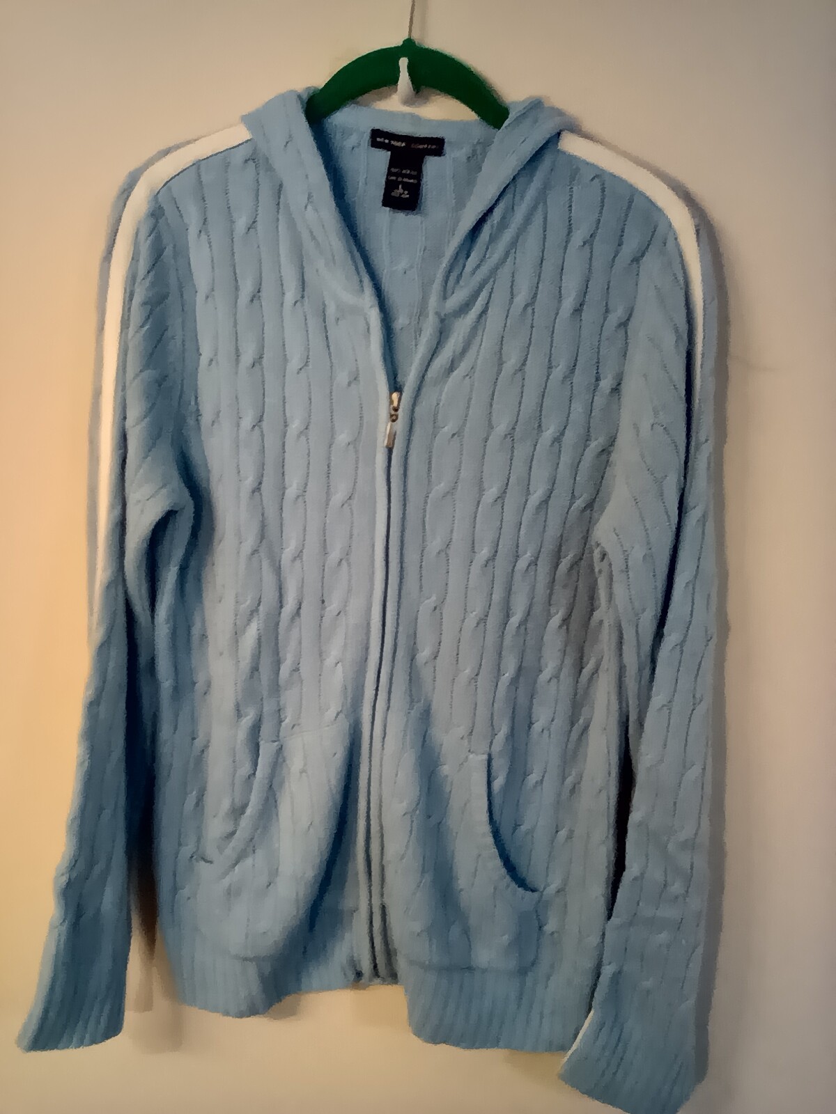 Vtg New York & Co blue hoodie sweater acrylic full zip pockets made in Hong Kong