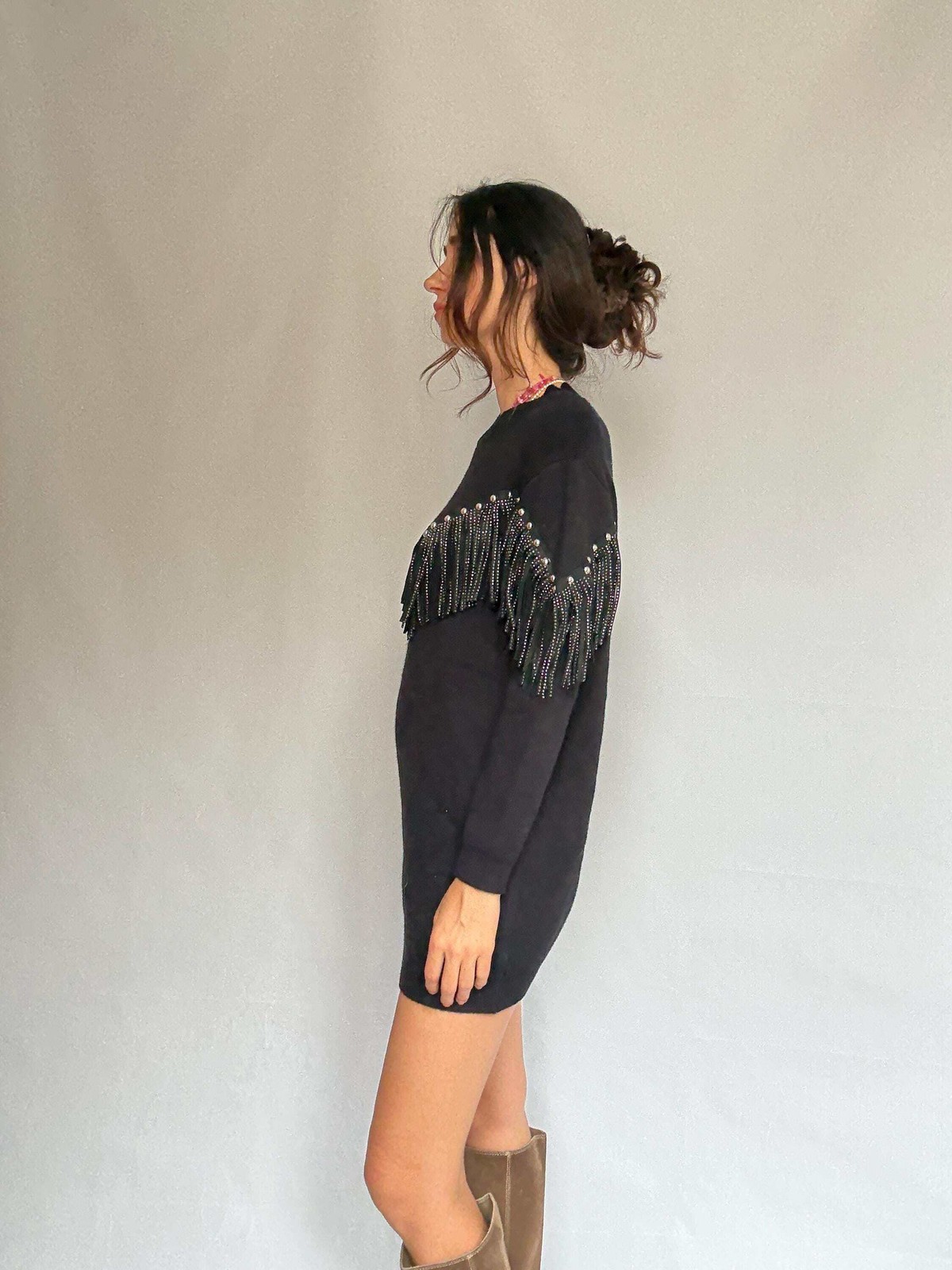 Western black mini dress, Embellished fringe short spring dress, Retro 90s vinta