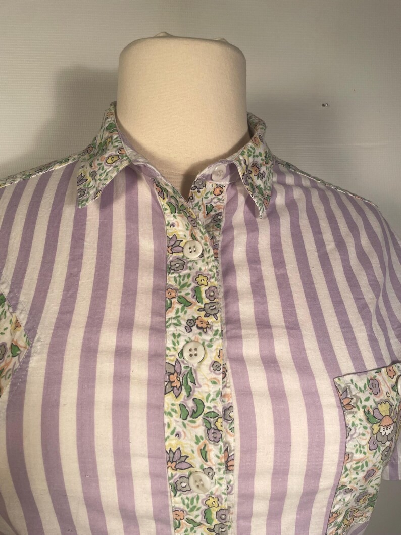 Vintage 1990s Plus Size Spring Floral All Cotton Striped Blouse Size 16 XL