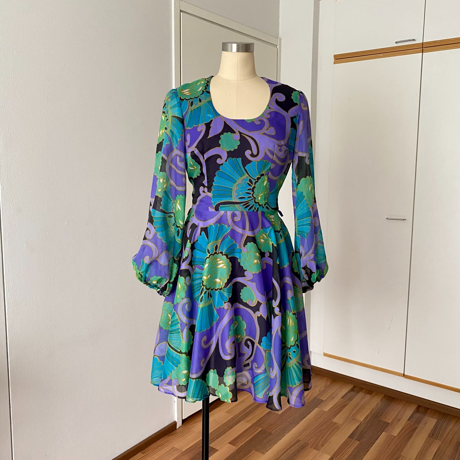 60s/70s JOBI Psychedelic Floral Mini Dress Long Sleeves Mod Boho Retro Summer 40