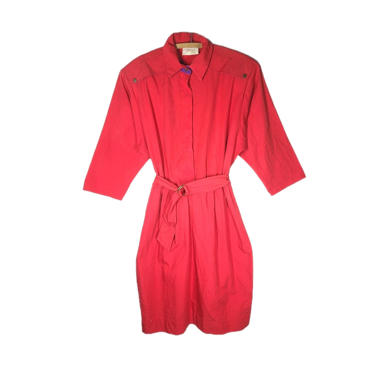 Vtg 80s New Wave Dress Red Cotton Plastic Zipper Purple Facings Size S Retro