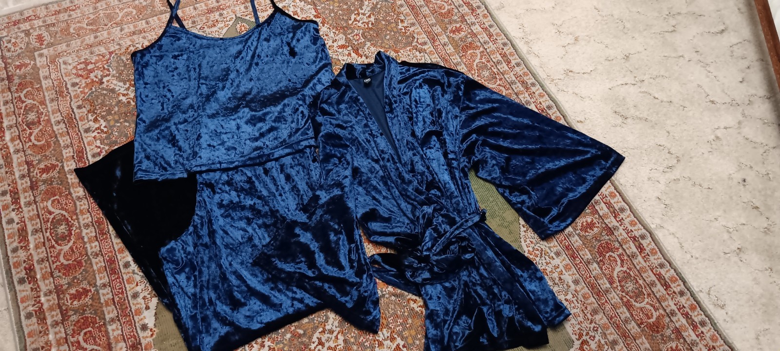 Vintage Y2K Blue Crushed Velvet 3 Piece Pajama Lounge Set Size XL Big & Tall