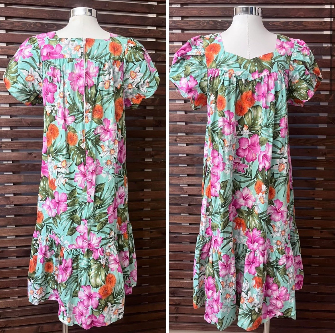 1980s 80s Vintage 100% Cotton Green Orange White Pink Flowers Short Sleeve Dress