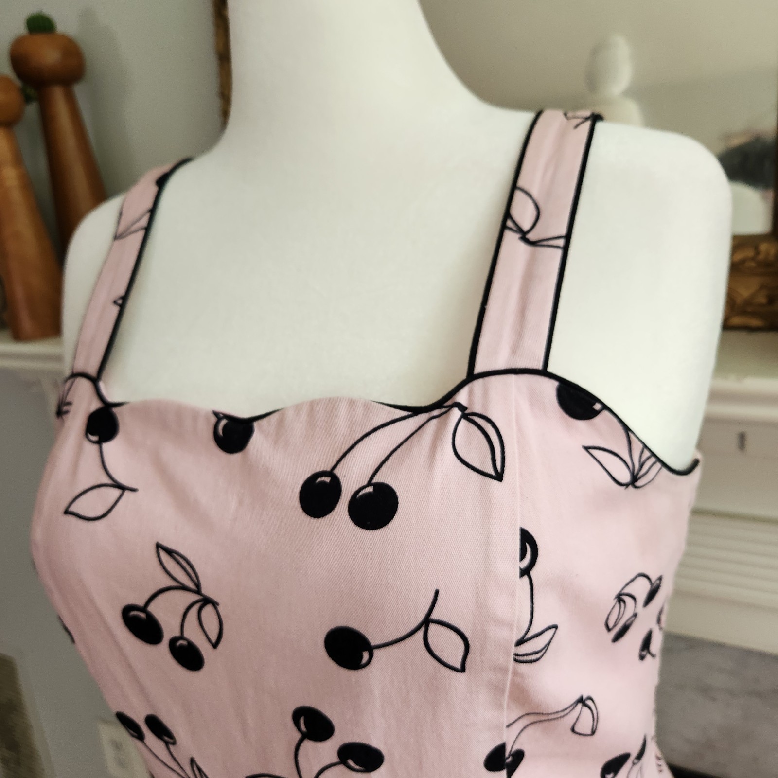 Vintage 90s Pink Cherry Print Dress Sz 12 Black Rockabilly Pinup Twee Retro