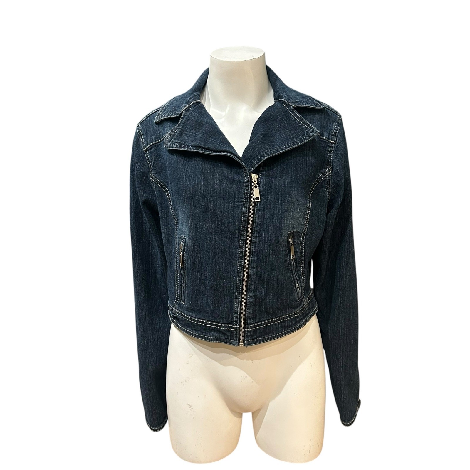 Y2K Cropped Denim Moto Jacket Asymmetrical Zip Front Stretch / Women’s Small ^
