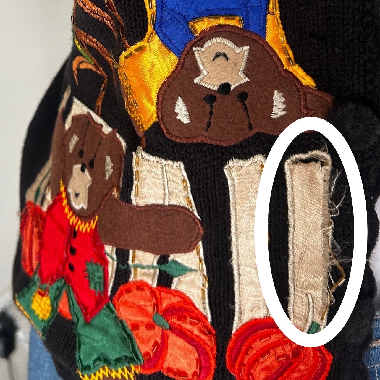 Vintage Halloween Knit Vest Medium Black Harvest Bear Pumpkin Patchwork Buttons