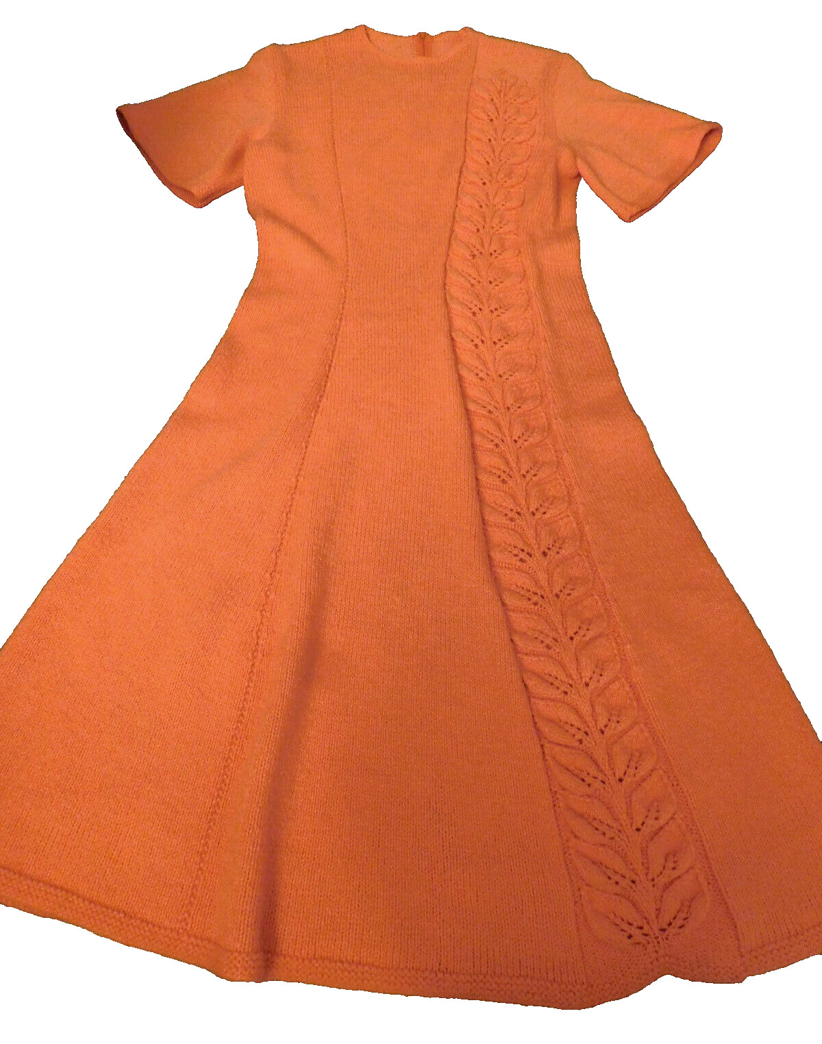 Vtg Hand Crocheted Knit Sweater Maxi Dress Orange Leaf pattern trim FAB Med OOAK