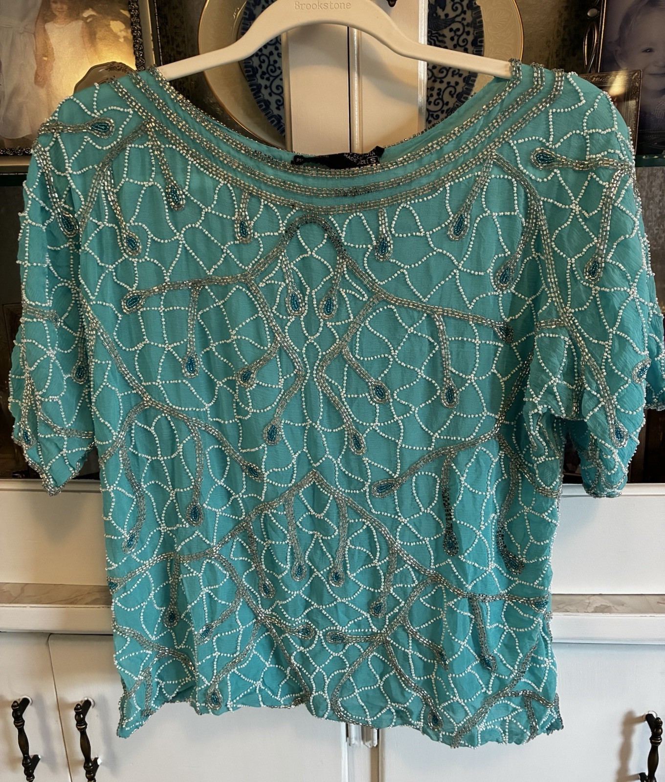 Light Blue Vintage 90s Sequin Beaded Short Sleeve Blouse Silk Rayon Glam Festive