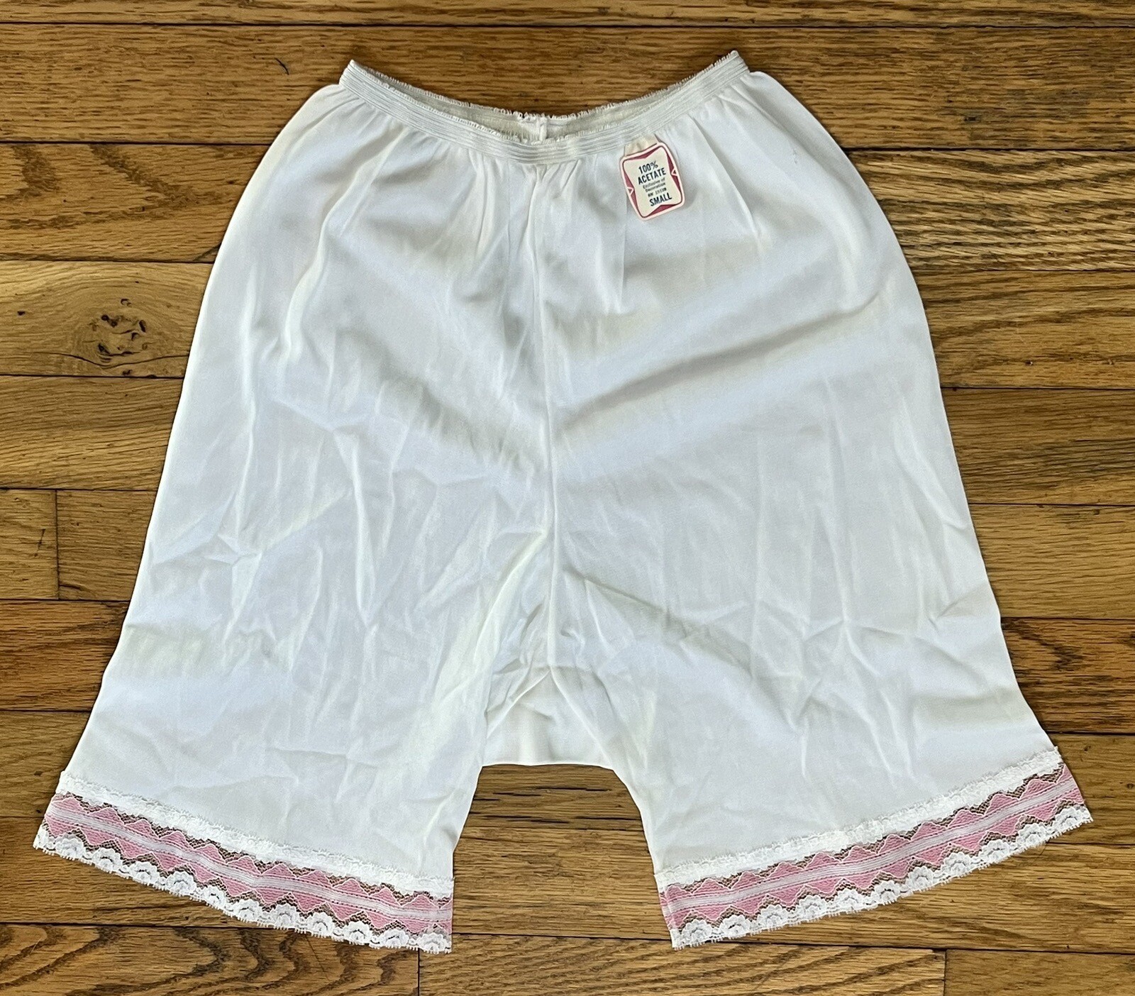 VINTAGE 100% Acetate Womens Small White Pettipants Slip Shorts Pink Lace Trim