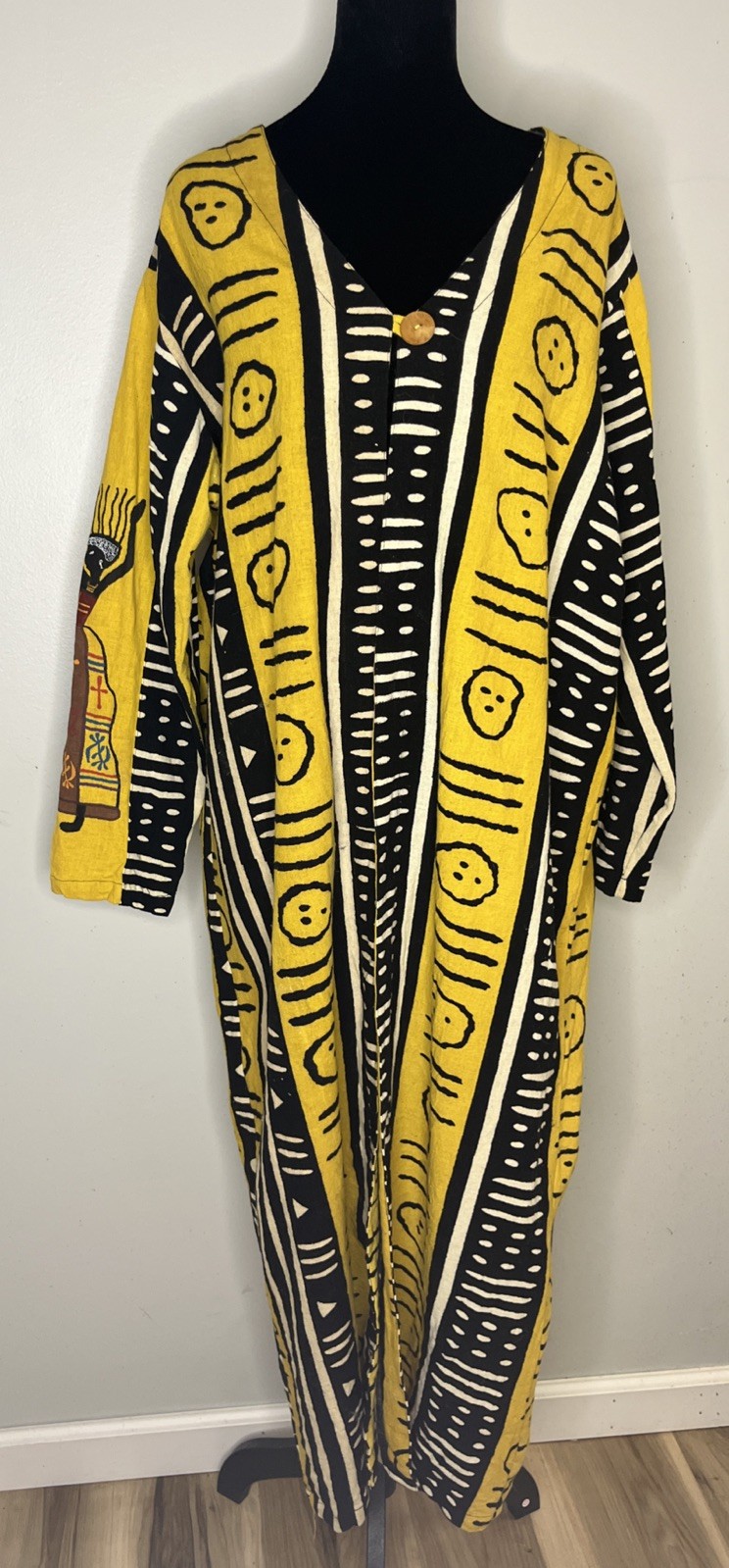 Vtg 90s NUBIAN QUEEN Mudcloth Print Maxi Duster Cardigan Dress L Cotton India