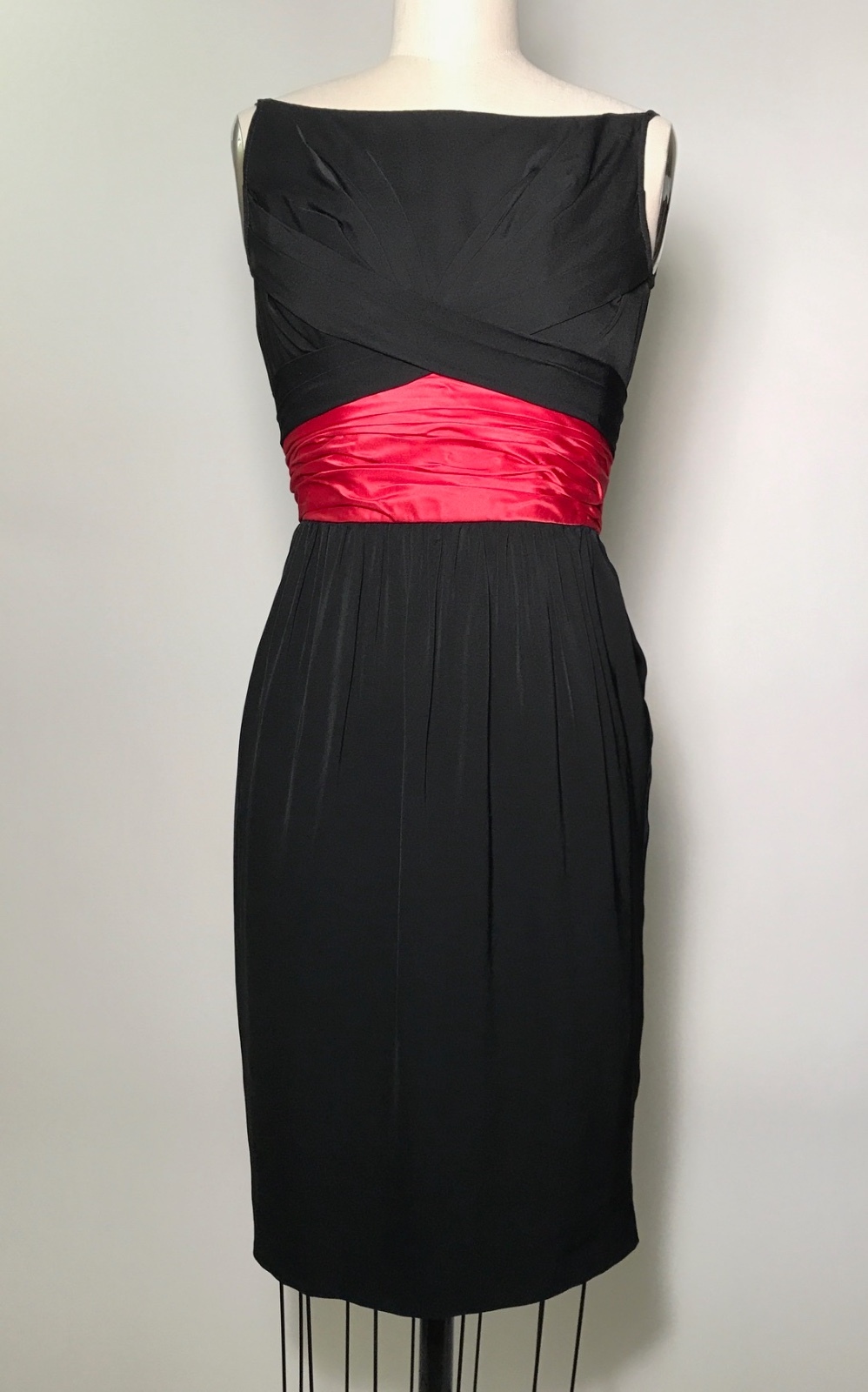 Ceil Chapman VTG 1950s Silk Cocktail Dress with Pink Red Sash Cummerbund XS 0