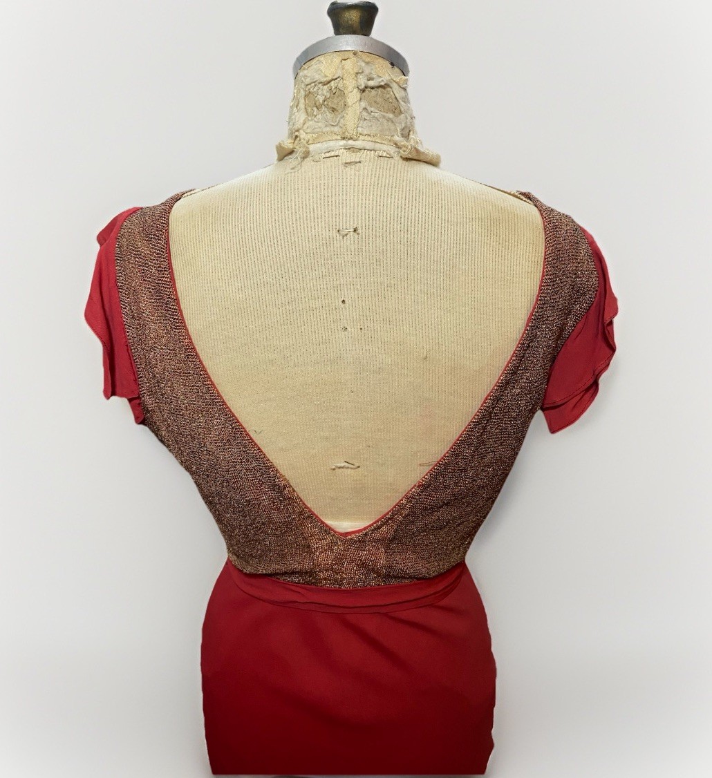 Vintage 1930s Bias Cut Red Rayon Crepe Woven Metallic Knit Evening Gown Dress
