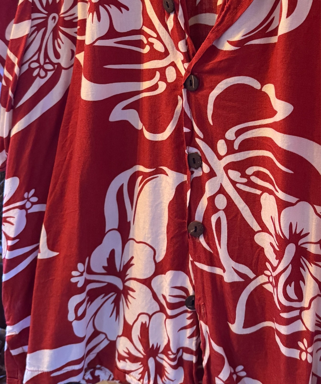 Vintage Hawaiian Coconut button up women’s shirt classic red&white hibiscus XL