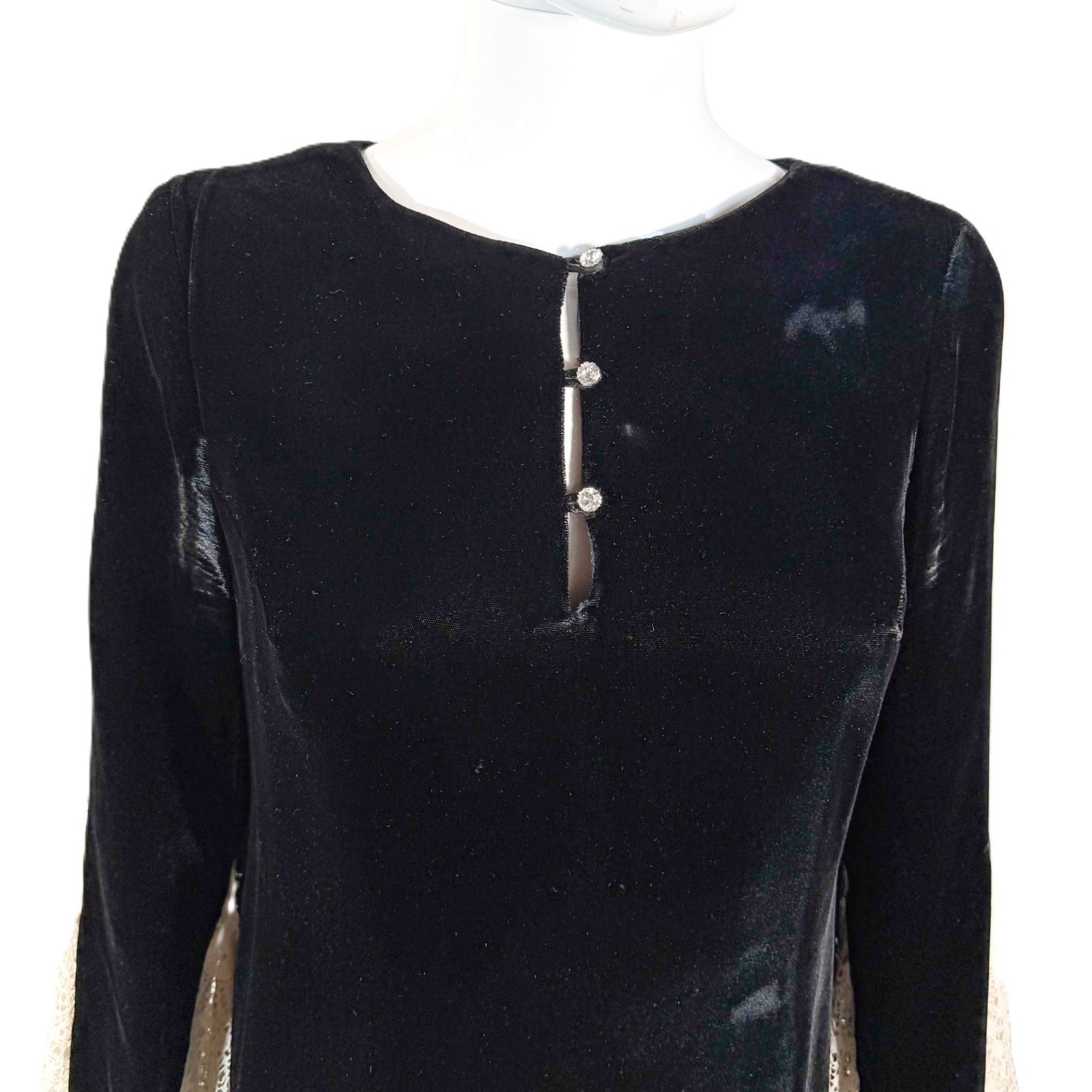 Vintage 60s Black Velvet Mini Dress Lace Angel Sleeve S