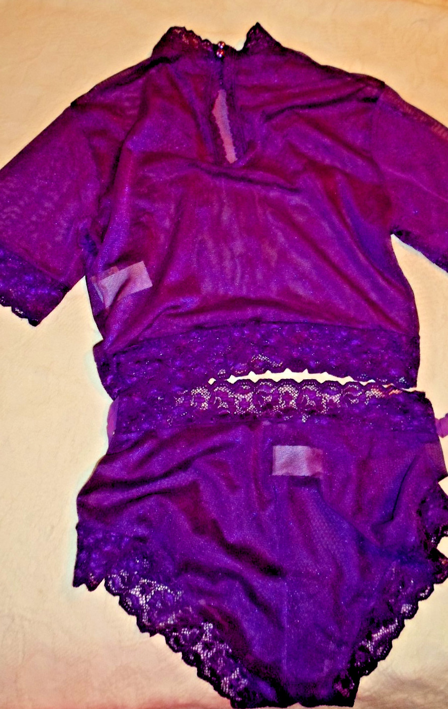 Vintage Lingerie Priscilla Collection Dark Purple Sheer Lace Babydoll Size M-USA