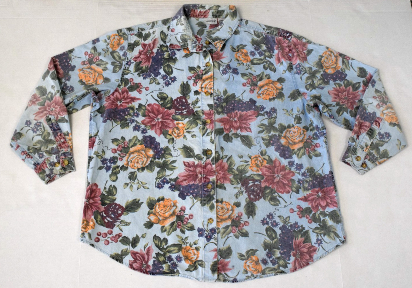 Vintage Collared Shirt Cabin Creek XL 90s Sky Blue Country Floral Light Denim