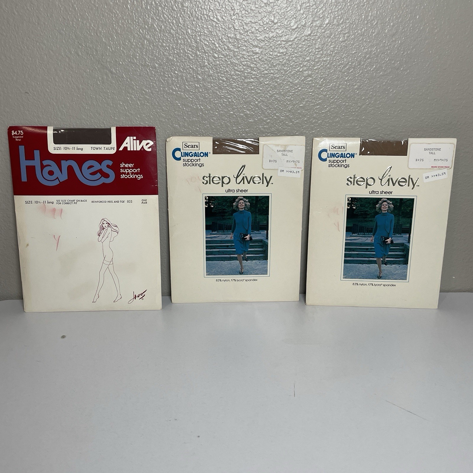 3 PR VTG Stockings – Hanes Sheer Town Taupe 10 1/2-11 Long, Sears Lively Tall