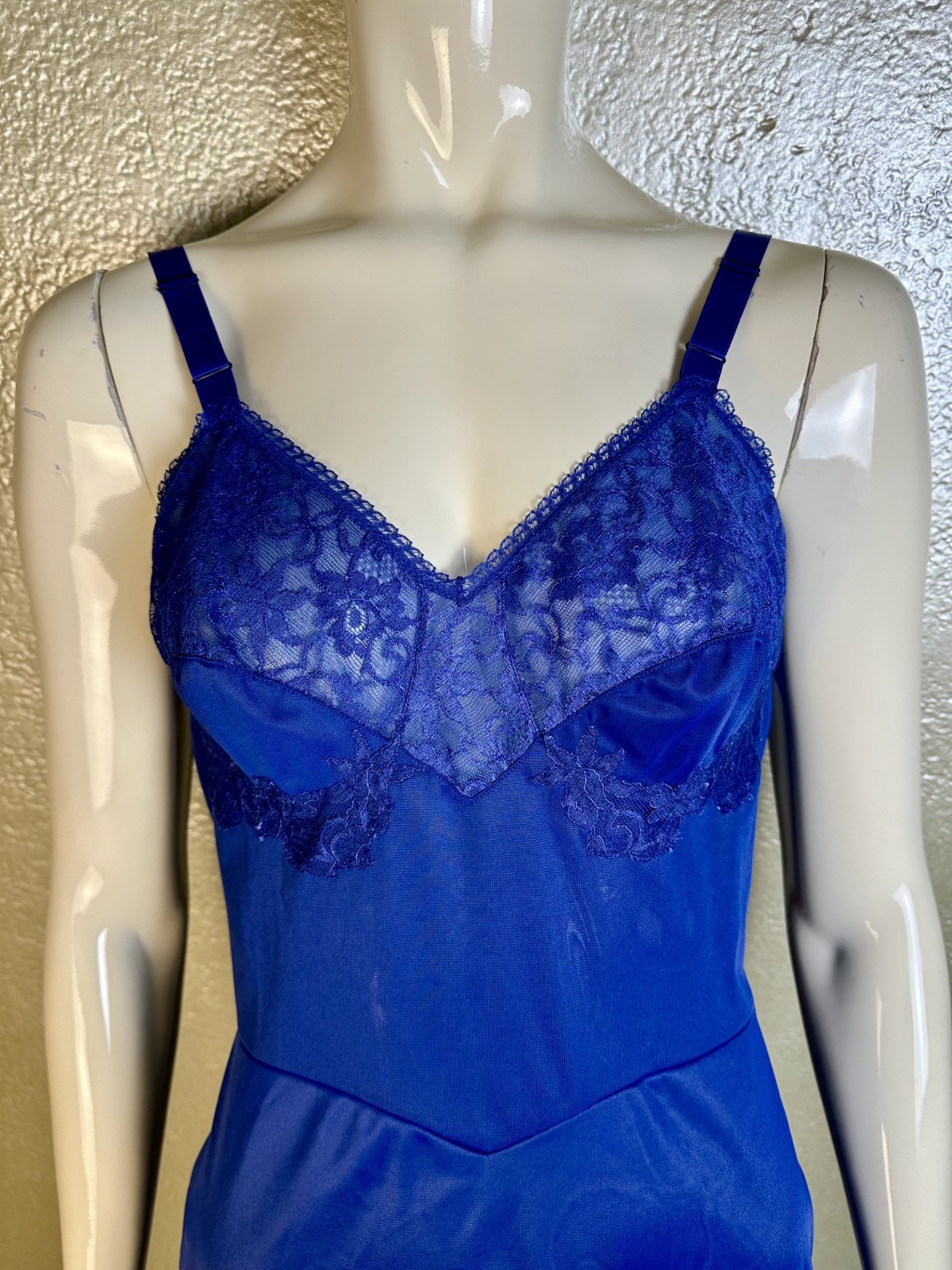 Vintage 1950’s LAROS Bright Blue Dress Slip Nylon Nightgown Sheer Lace S/M