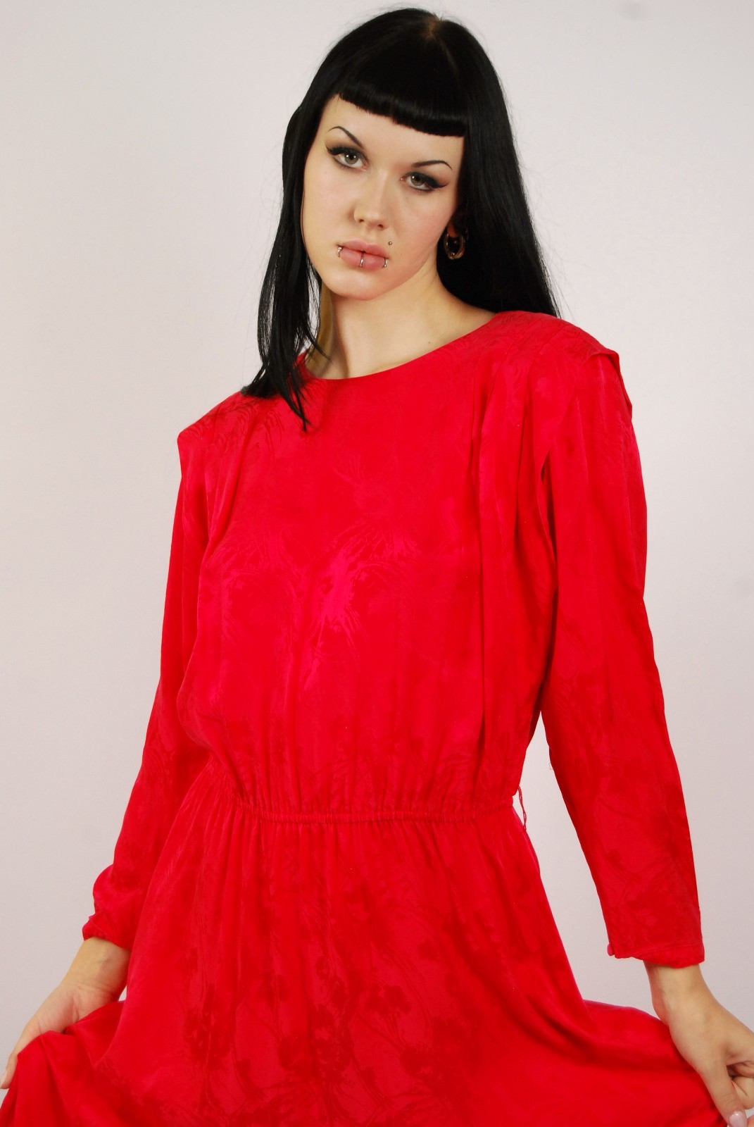 80s Blouson Dress (L) large red vintage midi silks by Nilani candy apple chic
