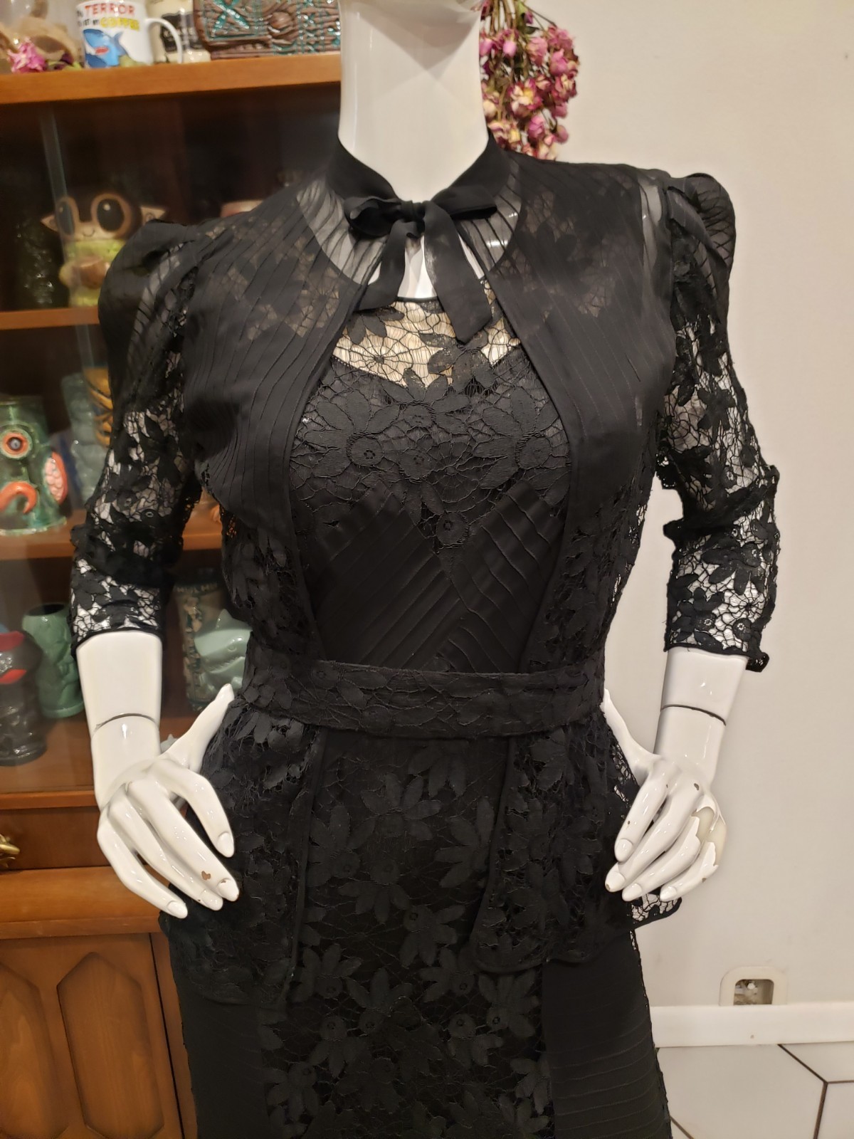 Vintage 1930s Spider Web Lace Silk Chiffon Three Piece Jacket Dress Set Sm
