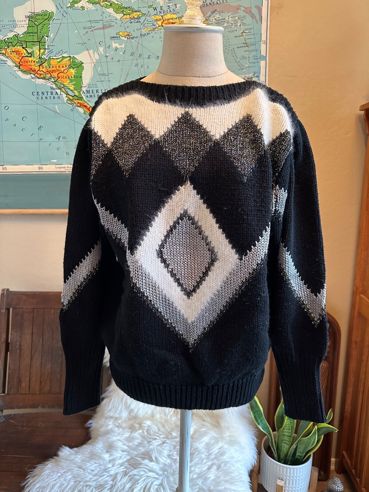 Vintage 80s 90s Maurada Black White Silver Geometric Diamond Holiday Sweater