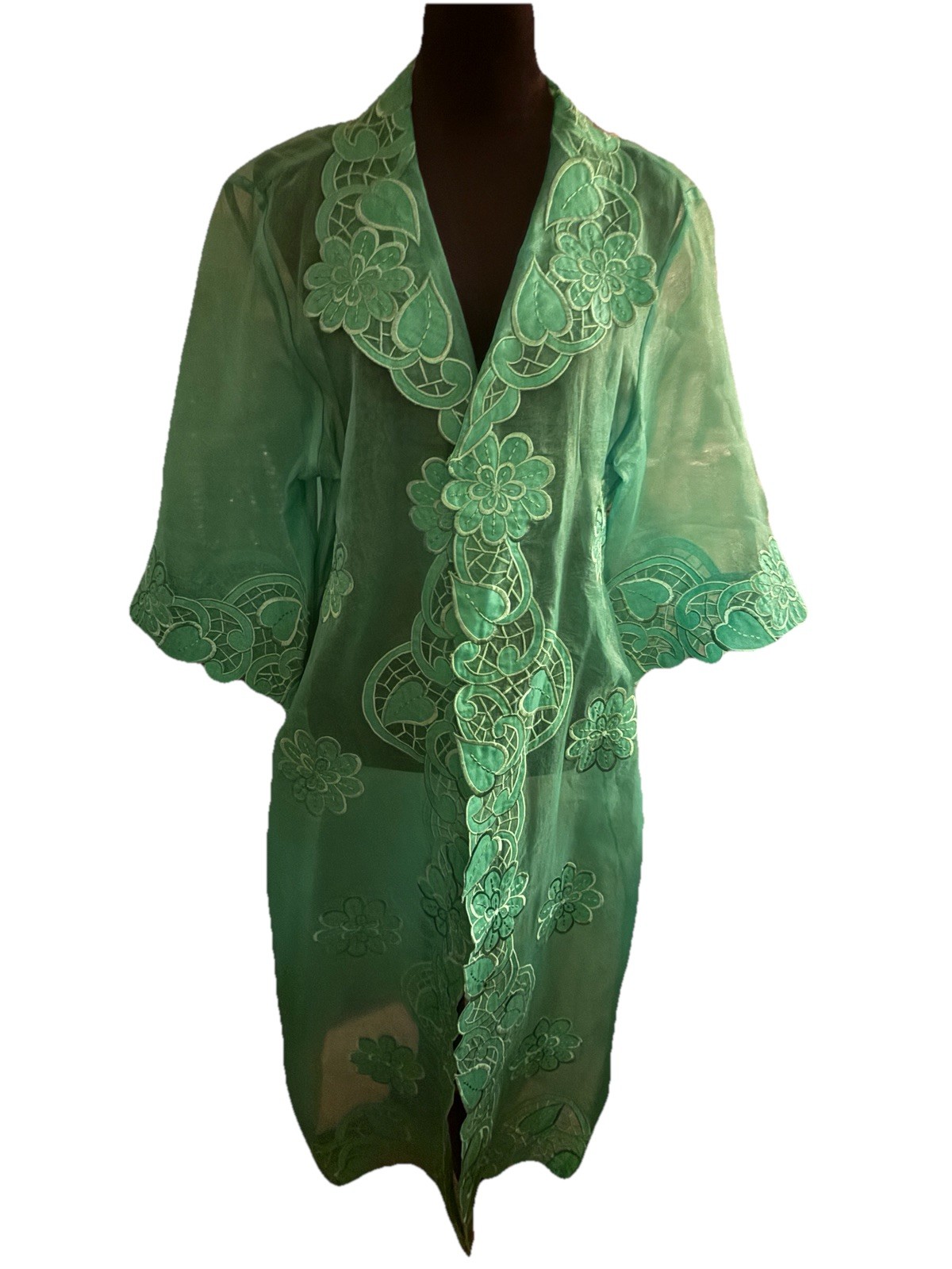 VTG Kelly Green Sheer Robe 16 Beach Cover Kimono Resort Fairycore Floral Glam