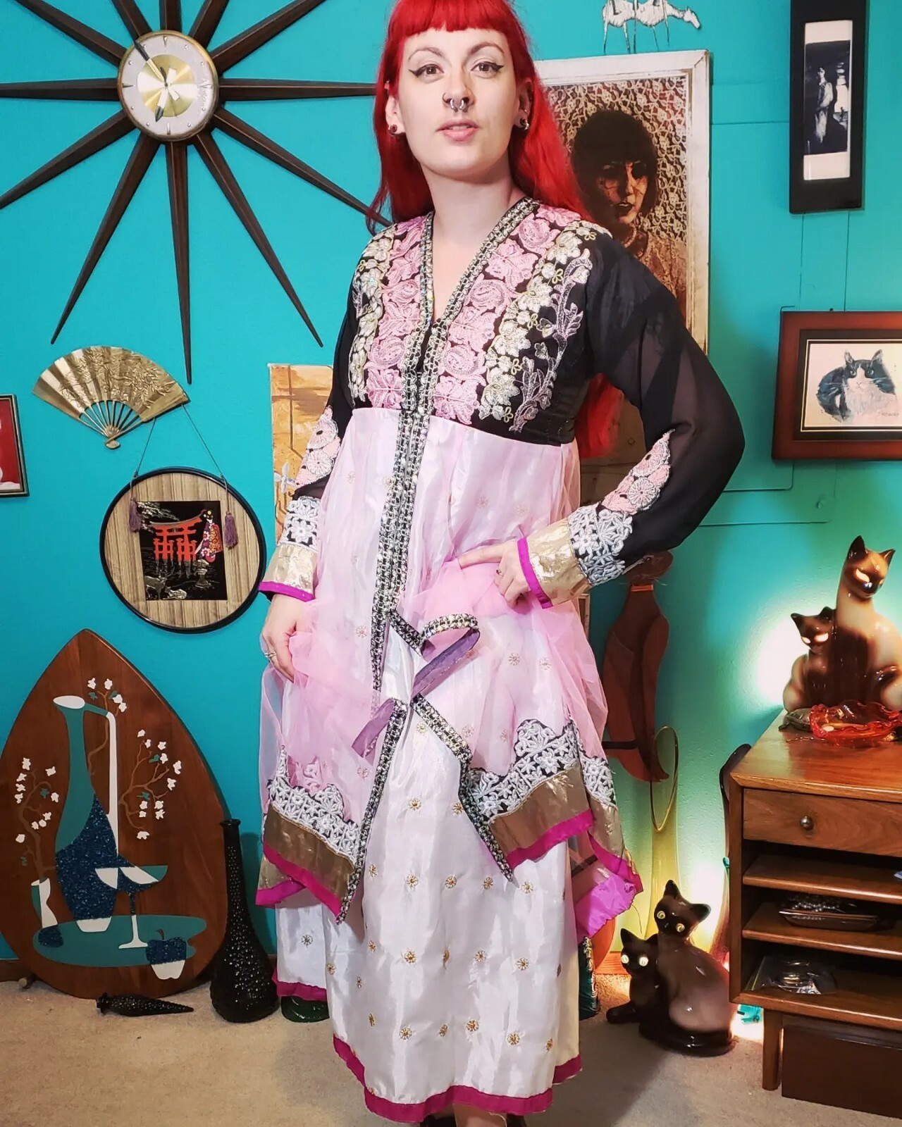 VTG Handmade Indian Black Pink Gold Empire Waist Organza Chiffon Dress