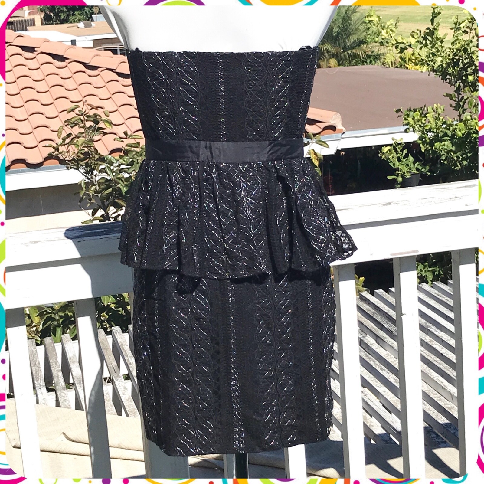 Vintage 90s LAUNDRY BY DESIGN Black Lace Sweetheart Neck Peplum Prom Dress Sz 2