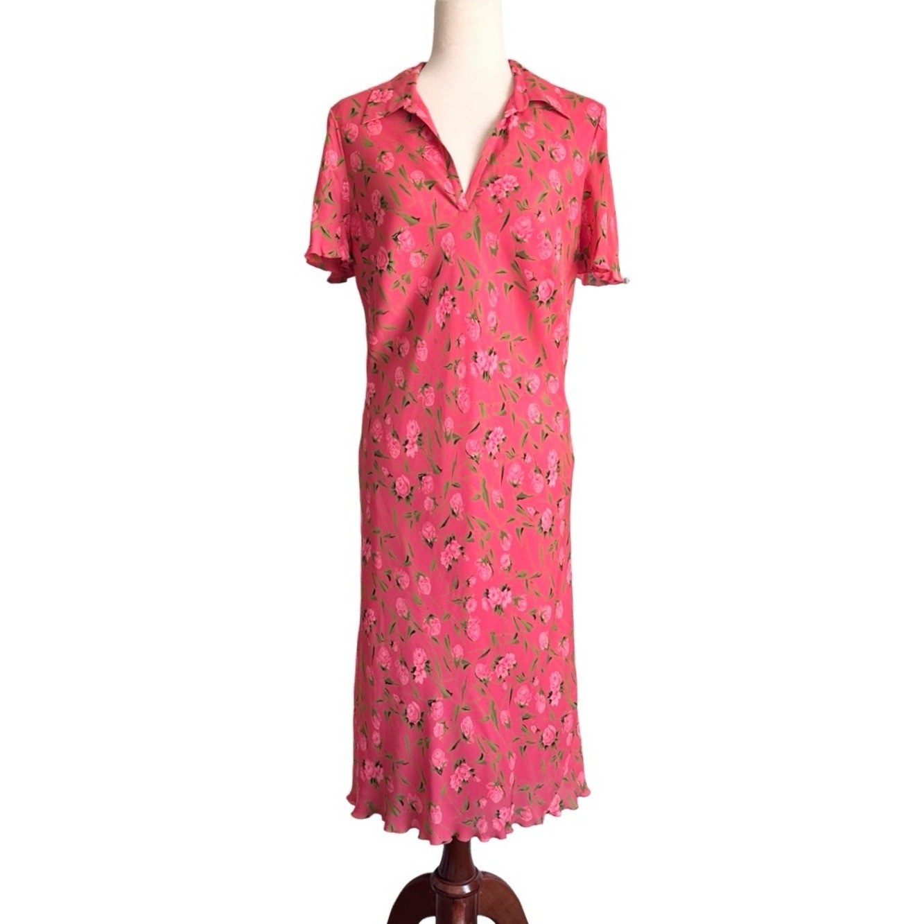 Vintage Casual Corner Pink Floral Roses 100% Silk Midi Dress 12 Cottage Garden