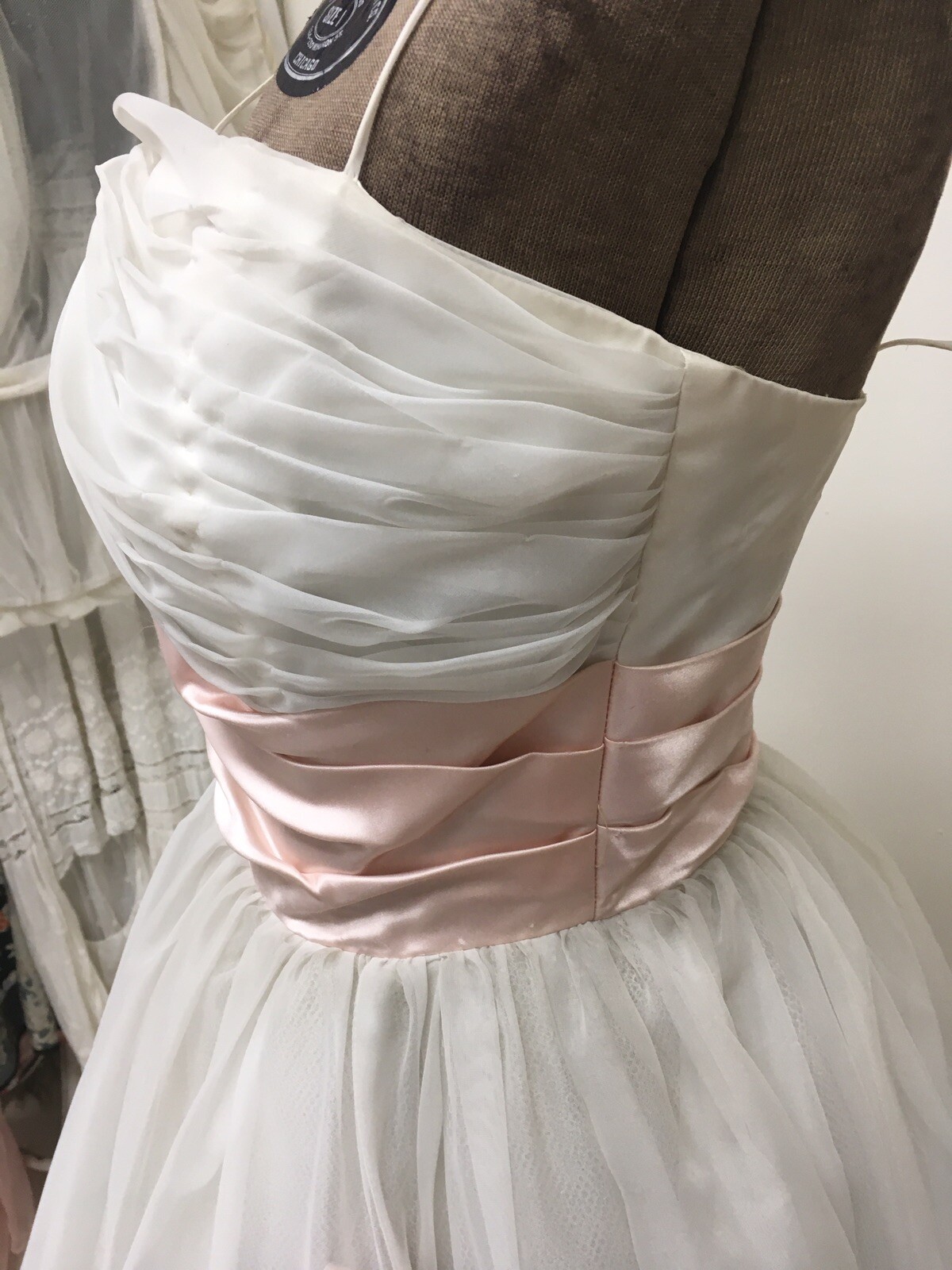 1950s Prom Dress White Tulle Fabric Pink Satin Ribbon Millinery Flowers #14