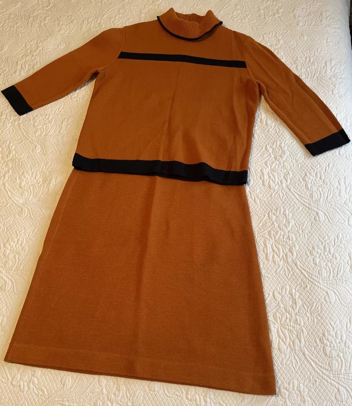 Vintage 1940s-50s Knit Cheerleader Set Burnt Orange & Black Sweater & Skirt