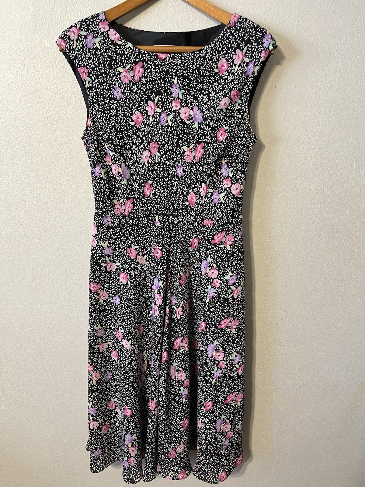 Vintage 90’s Midi Dress Black w/ Pink Floral Cottagecore Garden Party Size10