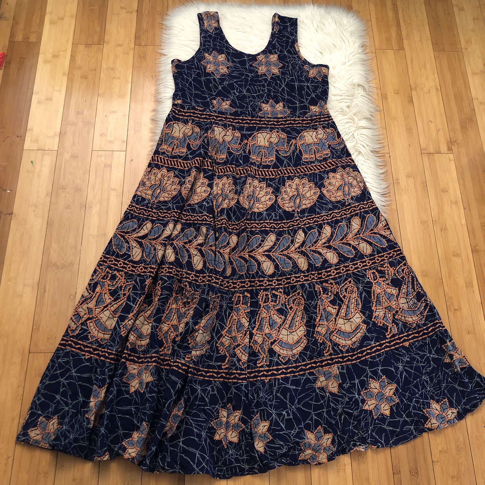 Vintage Tribal Animal Floral Novelty Prints Sleeveless Navy Orange Maxi Dress L
