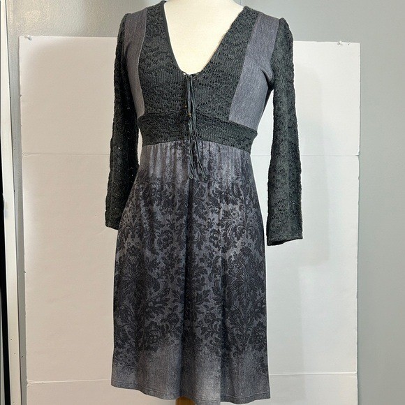 Dark Romantic Gothic Midi Dress Black Gray Knit Floral Damask Boho Vintage Style