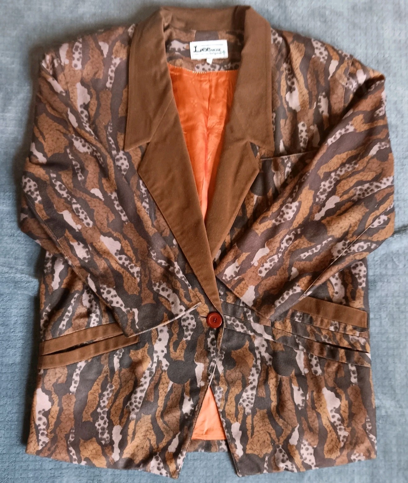Vintage Lee Camo Tree Bark 2 Piece Jacket Skirt Suit Set Brown Velvety Artsy