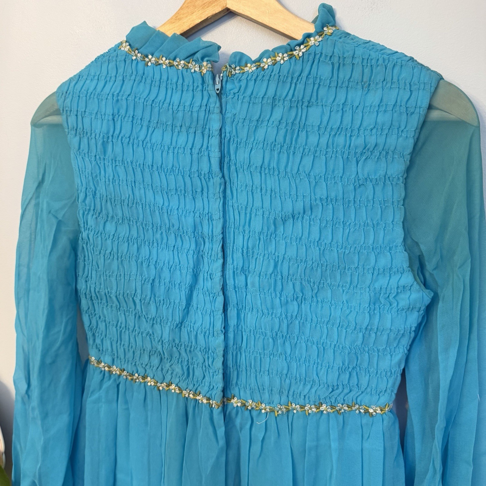 Vintage 70s Teal Chiffon Maxi Dress Size XS Bridesmaid Twiggy Retro MCM 60s Gown