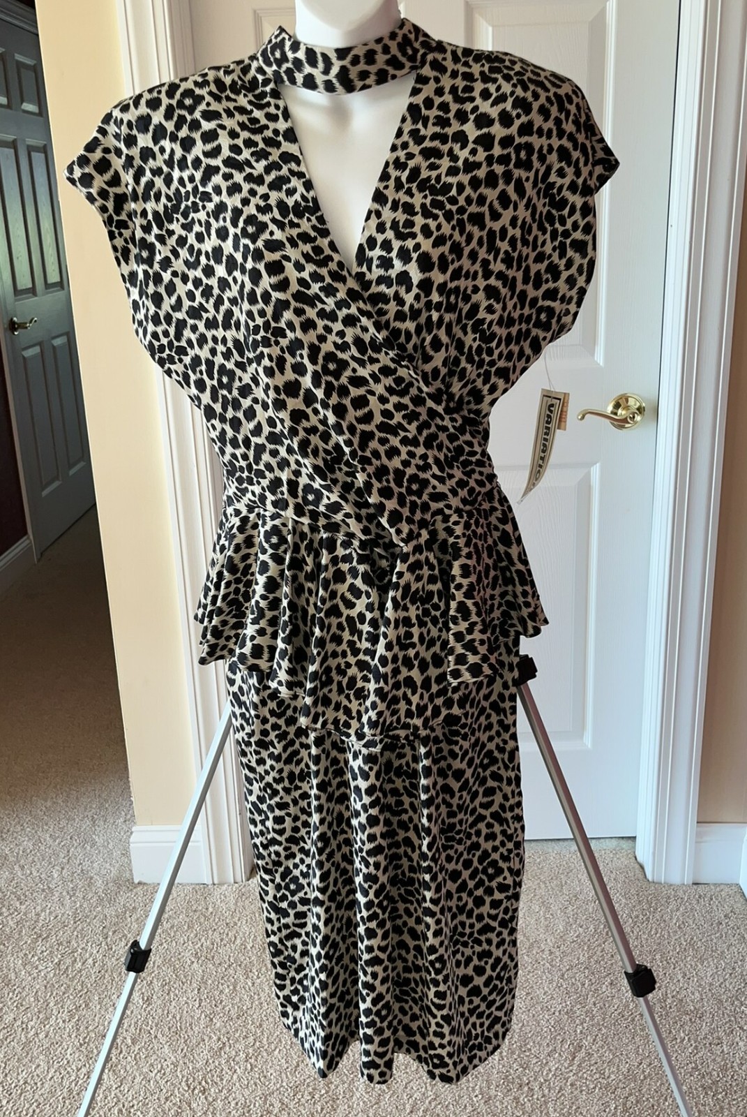 Vintage Tags 1980s Leopard Print Peplum Cap Slv Dress Open Back Sz 16 Curr 10-12