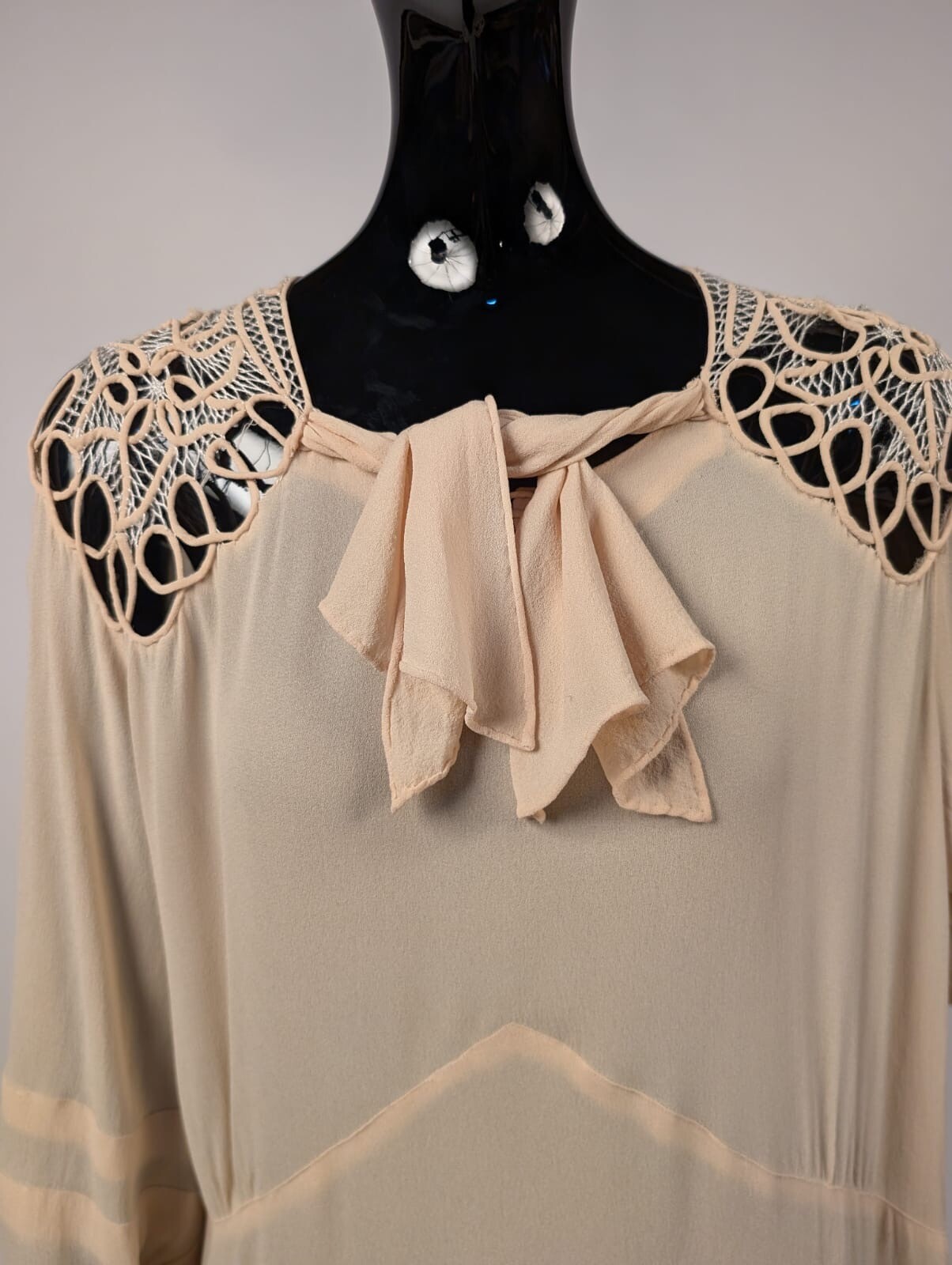 PEGGY DARE – PARAMOUNT DRESS CO LATE 1920’S CHIFFON DRESS W HAND MADE LACE TOP