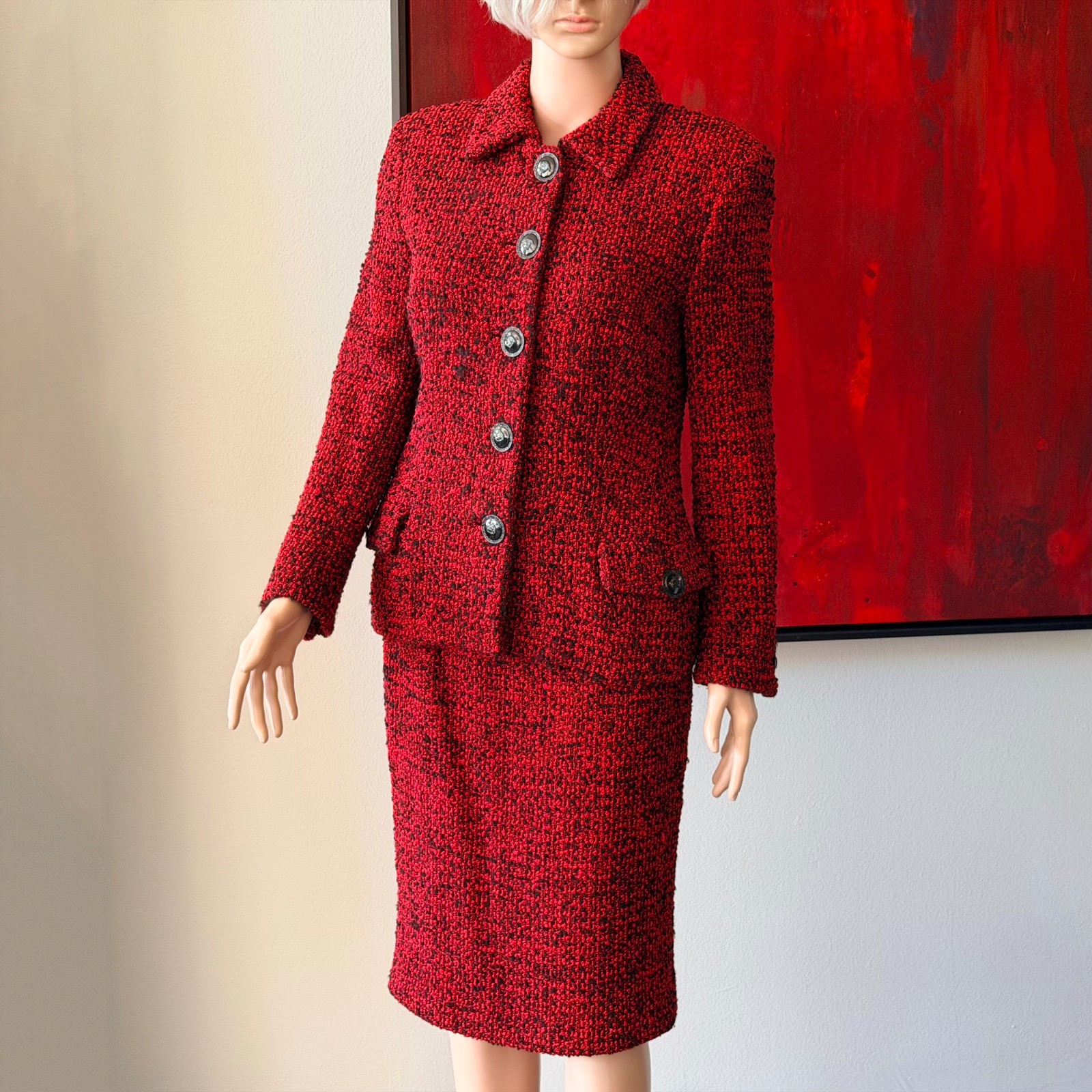 GIANNI VERSACE red wool boucle skirt suit size 42 from F/W 1995/96