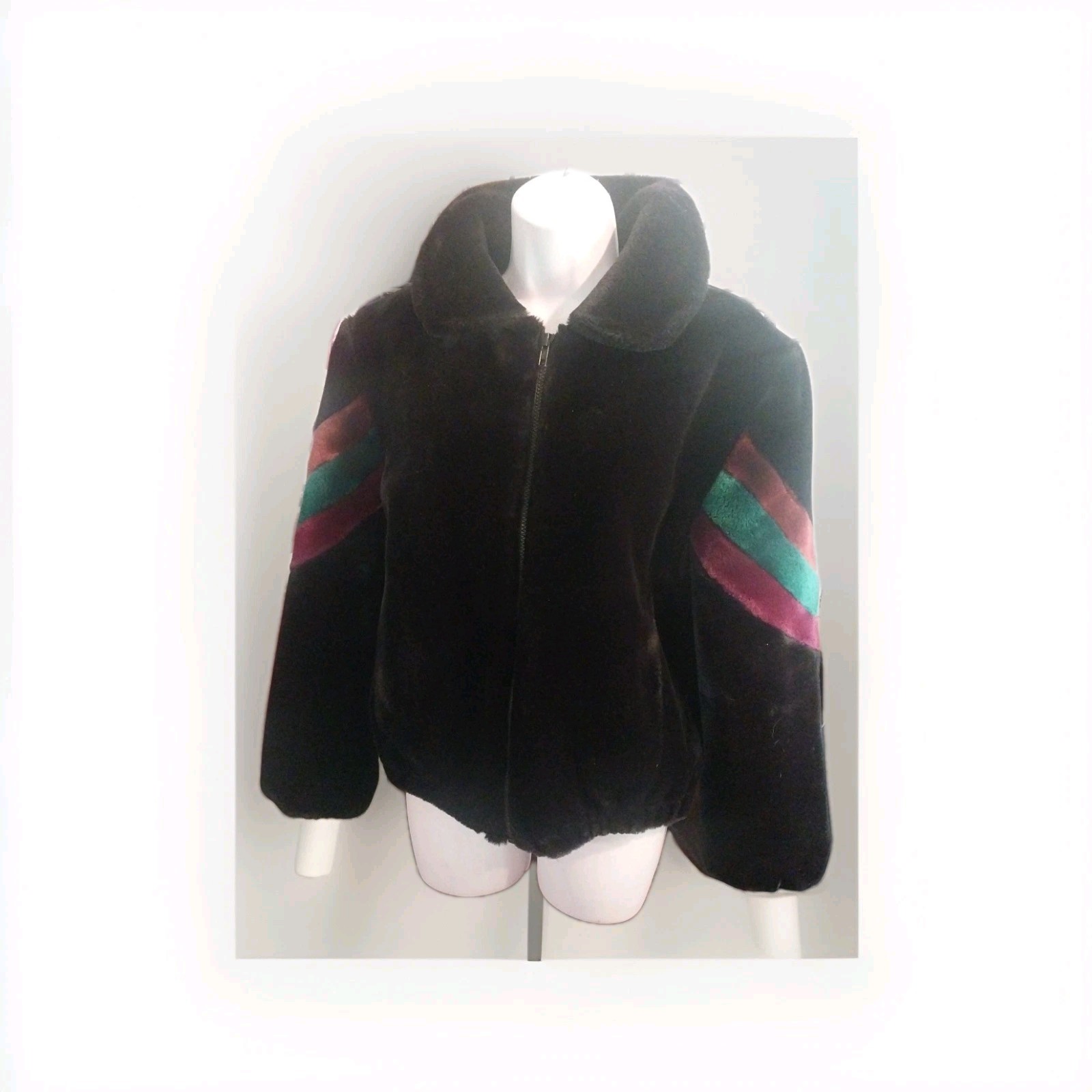 Vintage Jacques Saint Laurent Faux Fur Coat Women’s Size S Striped Designer Zip