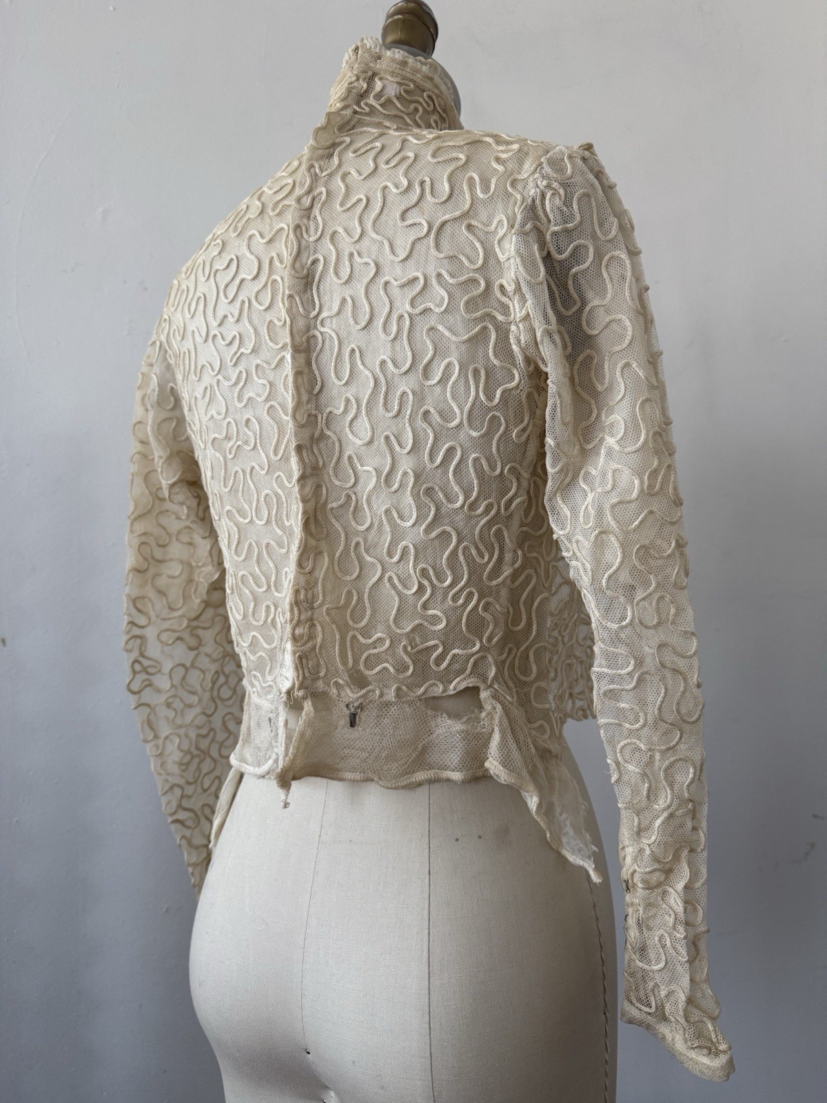 Antique Sheer Net Lace Blouse Top Cord Soutache Embroidery Art Nouveau Bridal XS