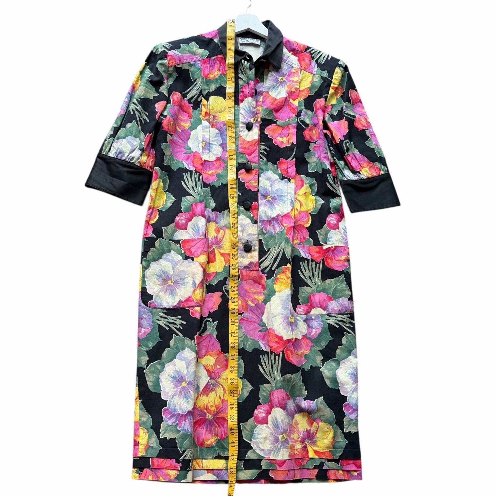 Angela Caputi Vintage Floral Shirt Dress Black Cotton Made in Italy L